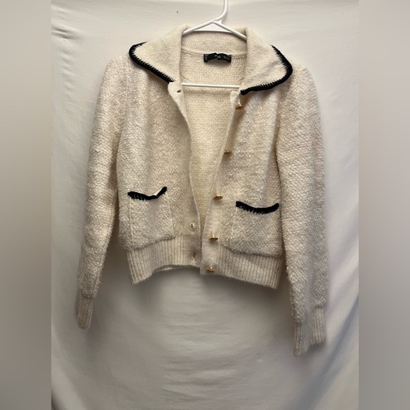 MANGO Contrast trims Knitted Fabric Polo Neck Long Sleeve Front Pocket Cardigan - Picture 6 of 14